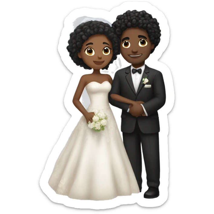 African Bride and Groom. Medium Brown skin. Black long curly hair. Short black haircut. Hugging each other. Eyes closed. sticker