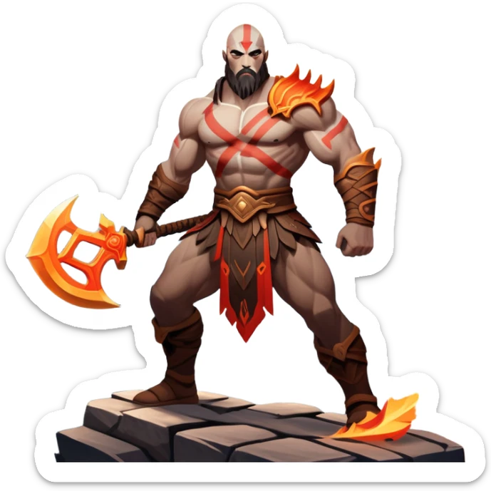 An icon showing a powerful warrior wielding a weapon, inspired by God of War: Ragnarok. The design captures the character’s strength, with dynamic motion lines. A fiery, mythological background with mountains and ruins enhances the epic atmosphere. Transparent background. sticker