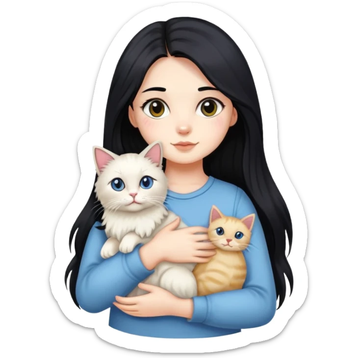 A girl with long black hair holding a cute Ragdoll cat sticker