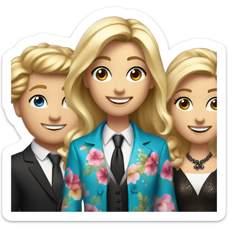 Make a picture of a blond girl in a flower silke dress that revives a oscar , she has a ski jacket top and medium length blind hair, blue eyes, behind her stands two brown hair waiters in white shirts, black wests, black ties and they are happy sticker