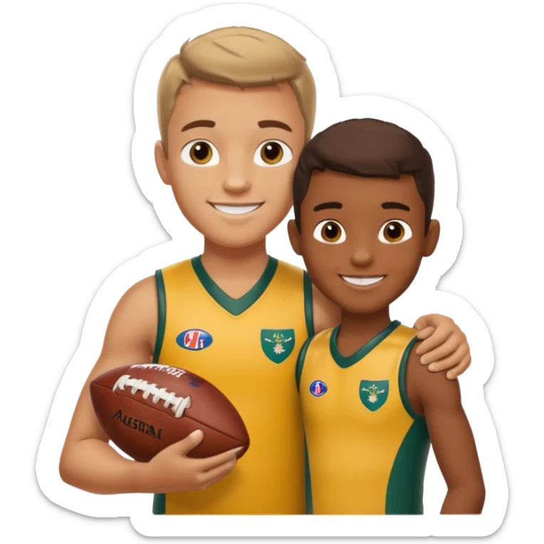 A sportsman has his arm around a young fan and they are holding a AFL sherrin, they are in australian colours, they are smiling, one is white and one is brown sticker
