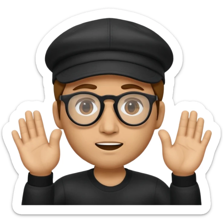 el Memoji es un personaje masculino con cabello castaño, gafas y una gorra blanca. Tiene la mano levantada como si estuviera diciendo "stop" o "espera". sticker
