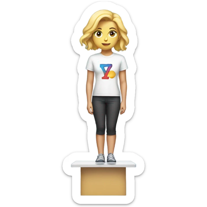 A blonde girl standing on top of a podium wearing a t shirt that says Y7 sticker