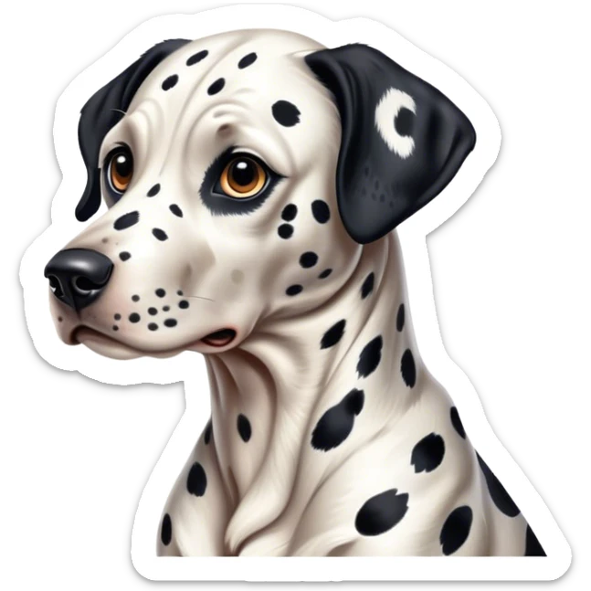 Cinematic Realistic full-body portrait of a Dalmatian dog, rendered with glossy, meticulously detailed spotted fur and expressive, alert eyes, set against a clean, neutral backdrop that highlights its regal and athletic stance. sticker
