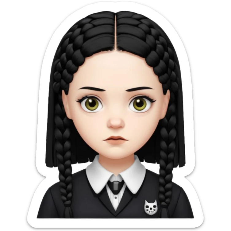 Draw Wednesday Addams (Jenna Ortega) with pale skin, black braids, dark uniform, white collar & intense stare. sticker