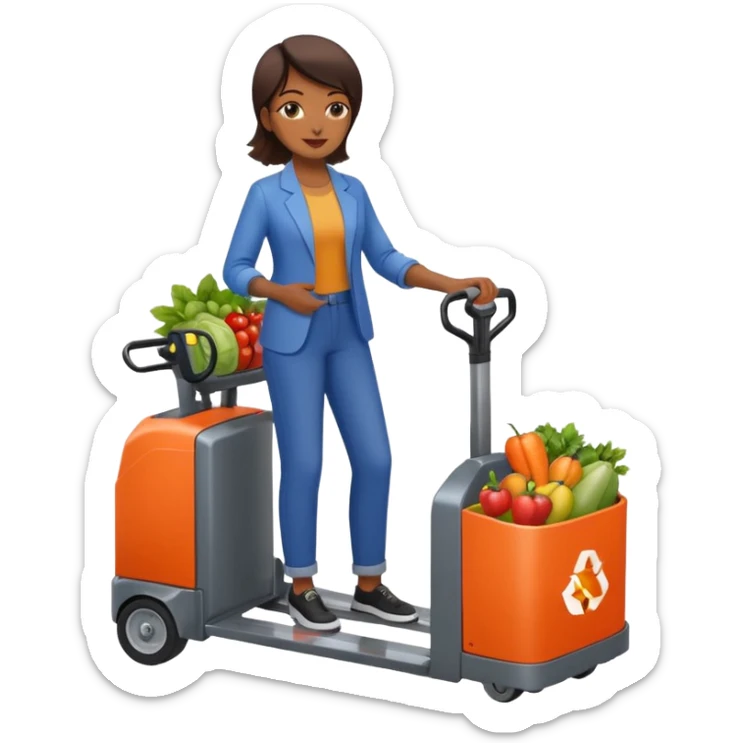 Femme sur un transpalette électrique, portant des canettes de fruits et de légumes sticker