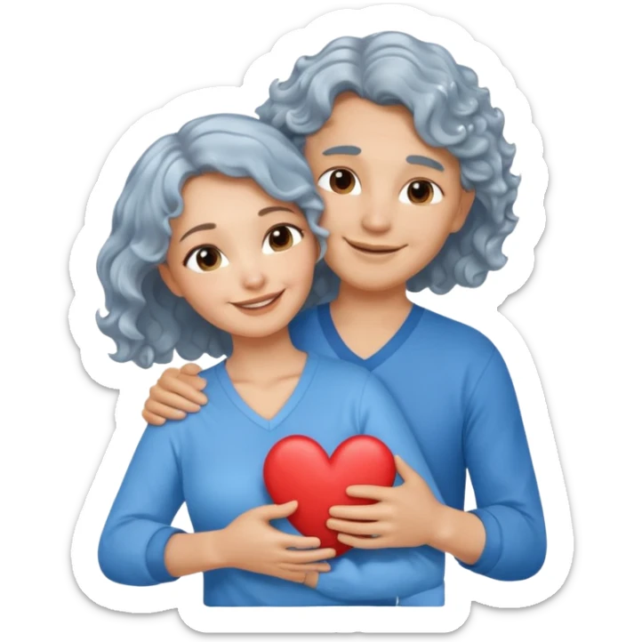 Silver hair, wavy/curly hair chin-length lady giving hug with 2 arms,  v-neck and smiling, add a heart, blue shirt sticker