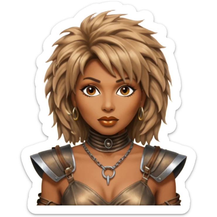Solarpunk solar aesthetic shiny glowing divine lighting - portrait of Tina Turner in costume from the movie Mad Max Beyond Thunderdome, dramatic backlit by bronze spotlights sticker