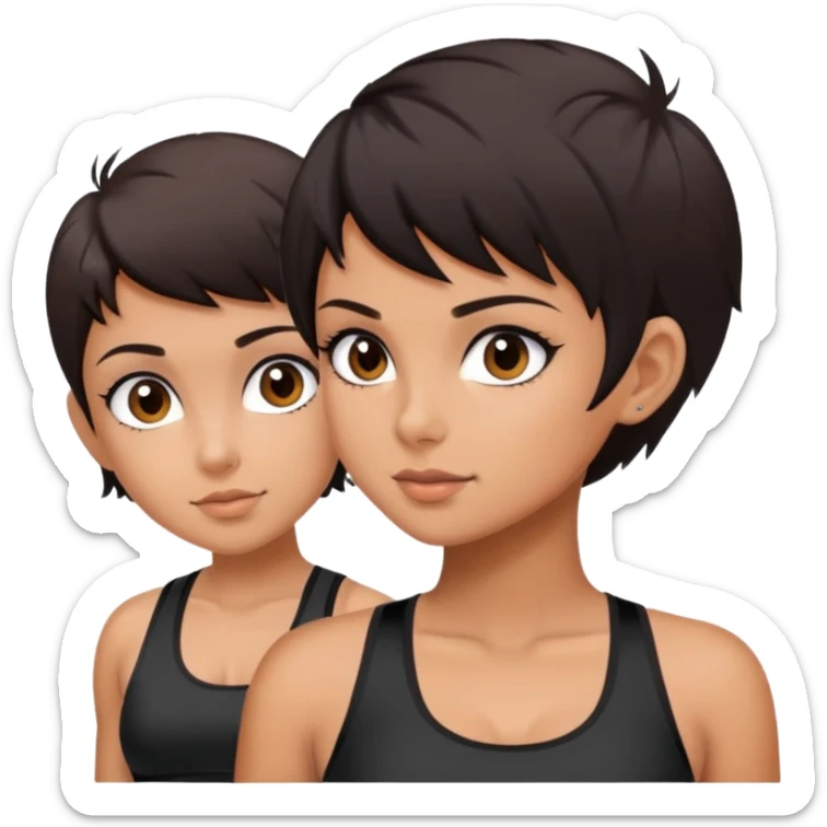 Beautiful girl tan skin dark brown eyes dark hair pixie hair cut wear black sports bra  sticker