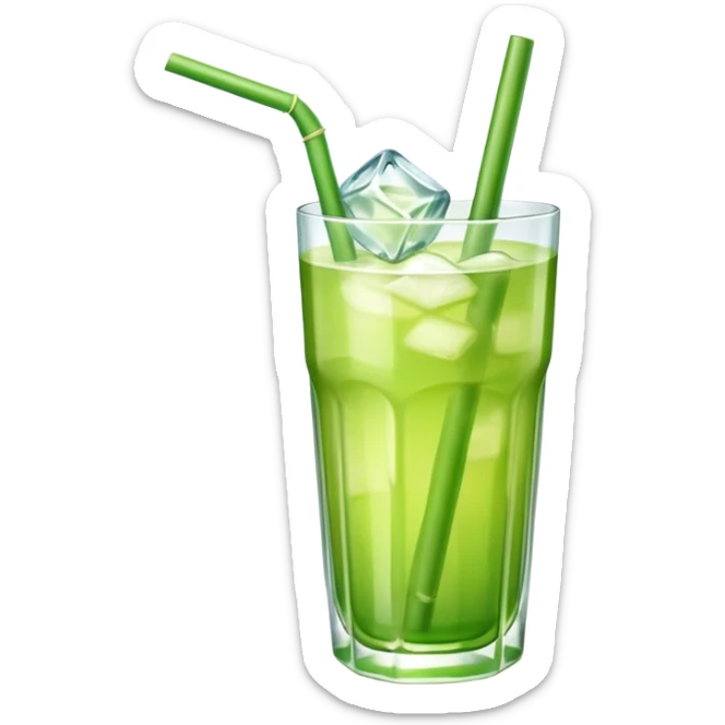 Glass of fresh sugarcane juice with ice cubes, light green liquid, a straw, refreshing beverage sticker