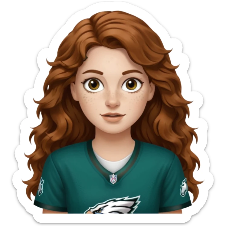 White girl with long brown wavy hair and freckles wearring a Philadelphia eagles jersey sticker
