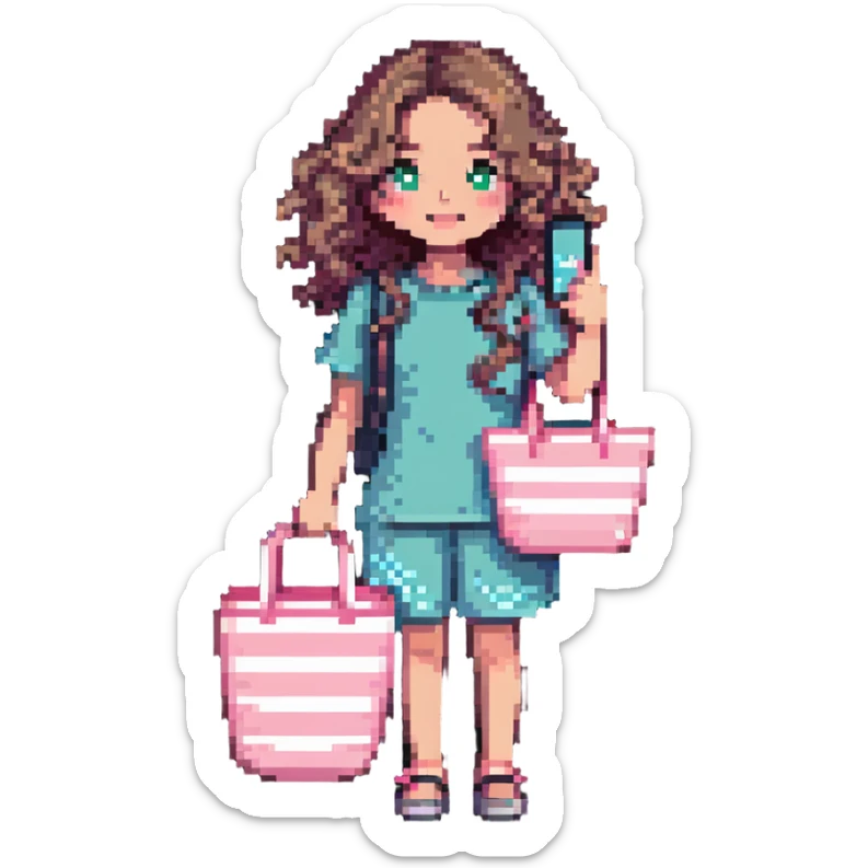 white girl with wavy hair holding her phone and a pink beach bag sticker