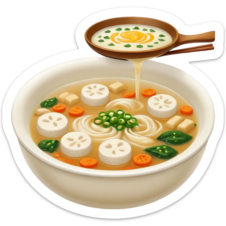 Make an emoji of tteokguk, a traditional Korean food. Okay, take the eggs out of that picture and put rice cakes in it. Make the soup white sticker