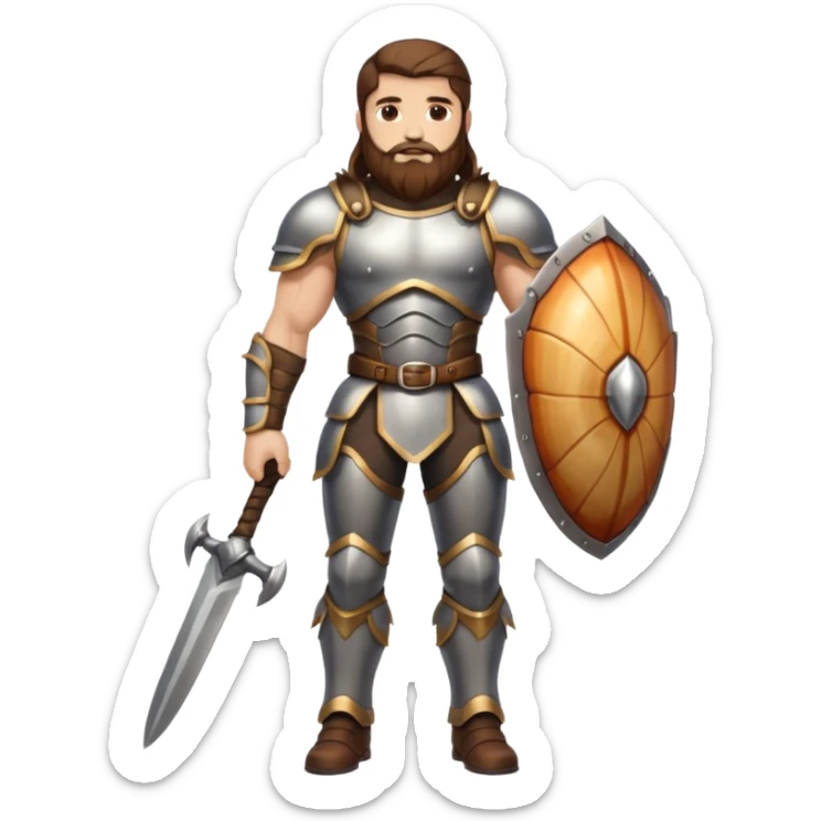 full body man long brown hair brown eyes medium beard white skin muscular build beetle shell armor sticker