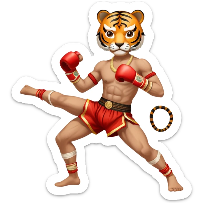 A fierce Muay Thai fighter wearing traditional mongkhon headband and elbow/knee wraps, in fighting stance with a tiger-like intensity, compact and stylized, with gold and red accents sticker