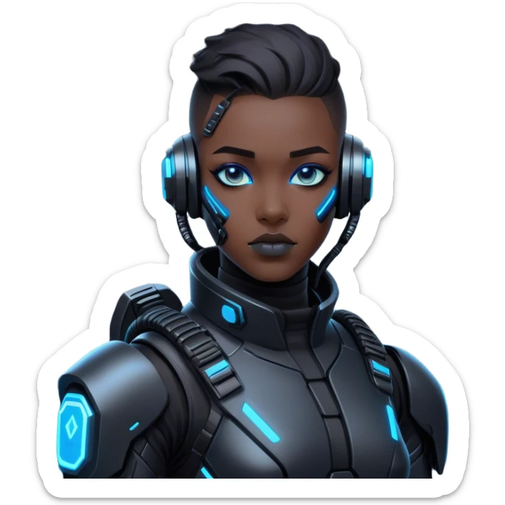 A futuristic cyberpunk soldier, black exosuit, neon blue accents sticker