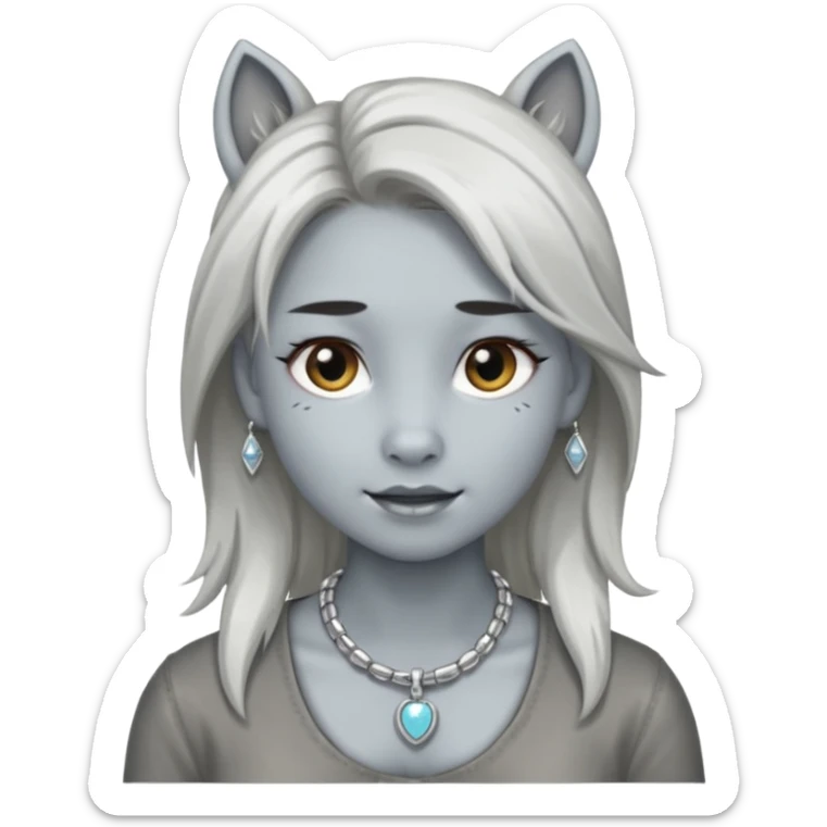 Female with Silver Necklace, grey skin,pony hair, more bright silver,highlight necklace, different expressions. sticker