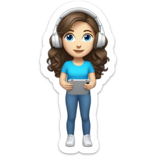 brunette white girl with long hair blue eyes listening to music with her phone in her hand with white wired headphones  sticker