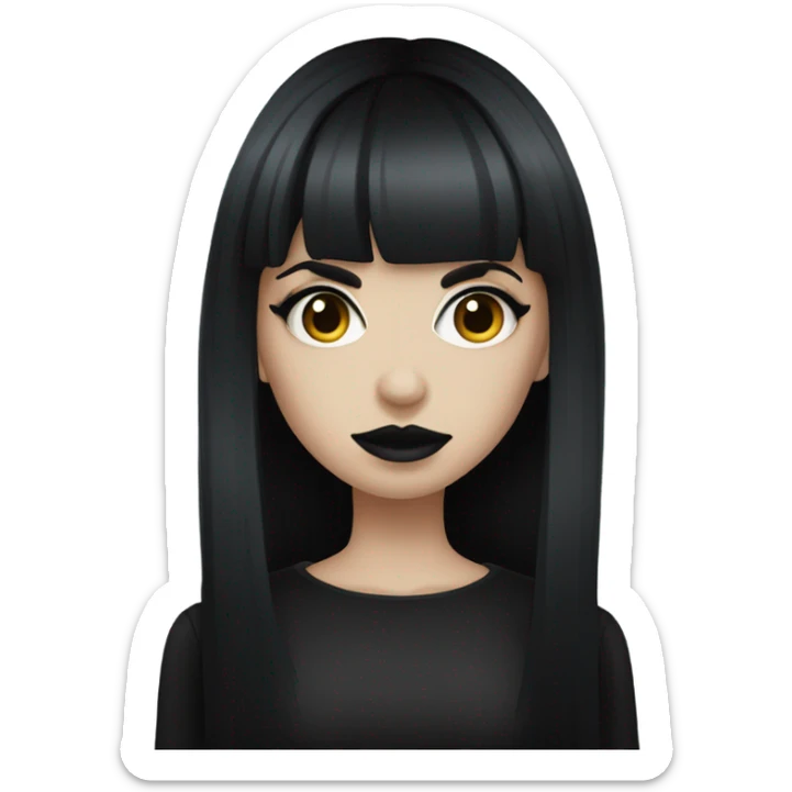 one single goth women, dark hair, long hair, short bangs, dark makeup, gothic sticker