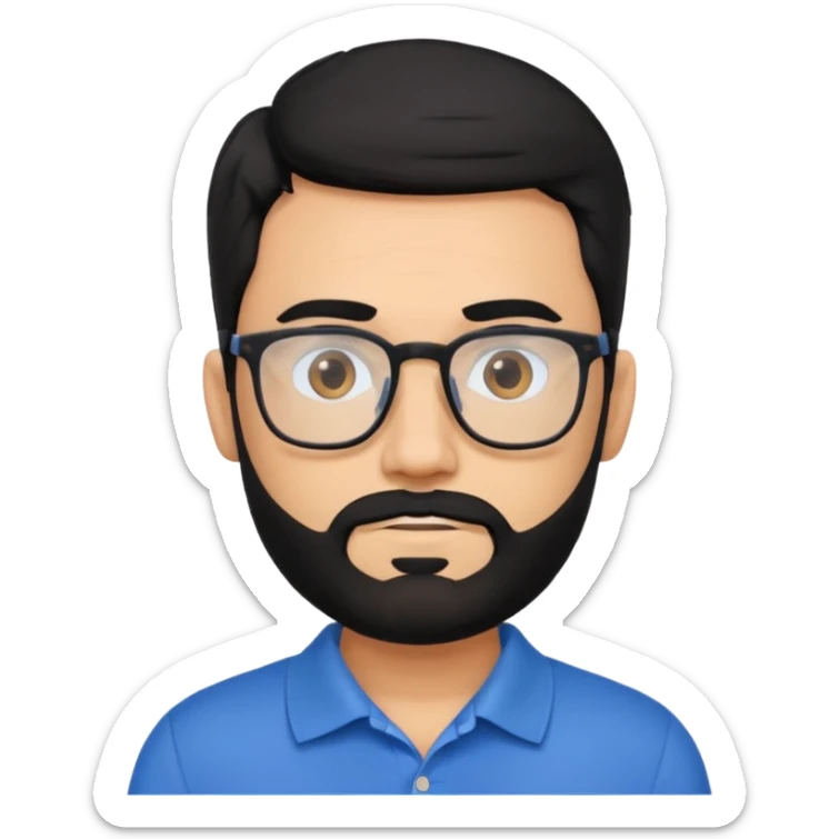 A tanned bearded man with black hair wearing glasses and a blue polo sticker