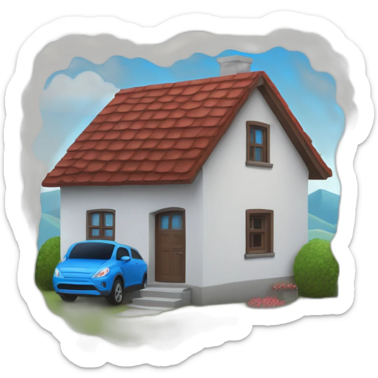 Une maison rouge avec un tout bleu et une femme brune qui sort de cette maison sticker