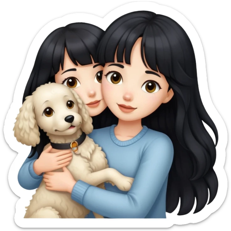 A beautiful girl with long straight black hair and bangs hugs a light-colored curly dog sticker