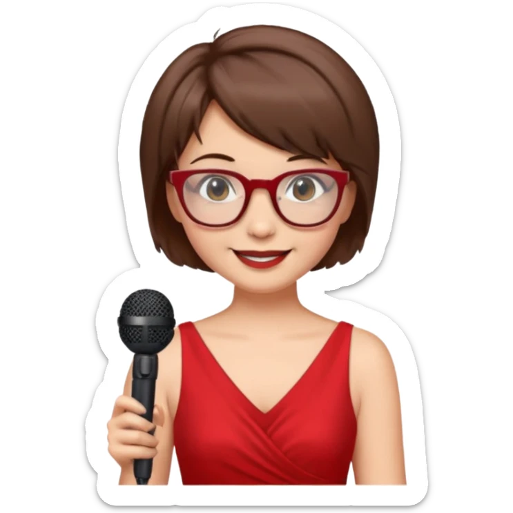 singer, Old, brown short hair, holding mic, red dress, glasses sticker
