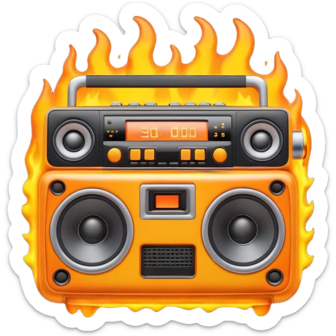 A cute 3D emoji of a retro boombox speaker with a funny shocked face, melting into orange and yellow flames, vibrant "fire" colors, high-end 3D render, white background. (This is a recreation of the fire emoji) sticker