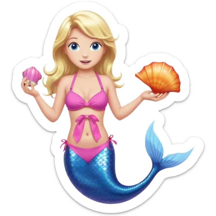 mermaid woman with blonde hair and blue eyes, a pink bikini top and an ALL pink tail holding a shell sticker