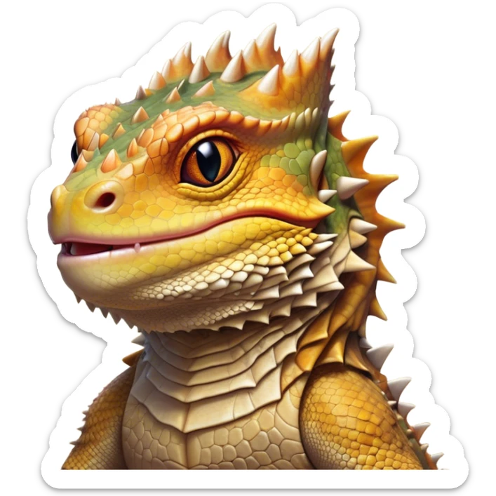 Cinematic Noble Bearded Dragon Portrait Emoji, Poised and regal, with a robust, angular build and a textured, scaled hide in earthy olive and sandy tones, a prominent spiky 'beard' beneath its chin and a keen, alert gaze, Simplified yet sharp and sophisticated features, highly detailed, glowing with a soft, dignified glow, high shine, intelligent and fierce, stylized with an air of desert majesty, focused and attentive, soft glowing outline, capturing the essence of a watchful and commanding reptile, so majestic it feels as though it could scuttle out of the screen with effortless authority! sticker