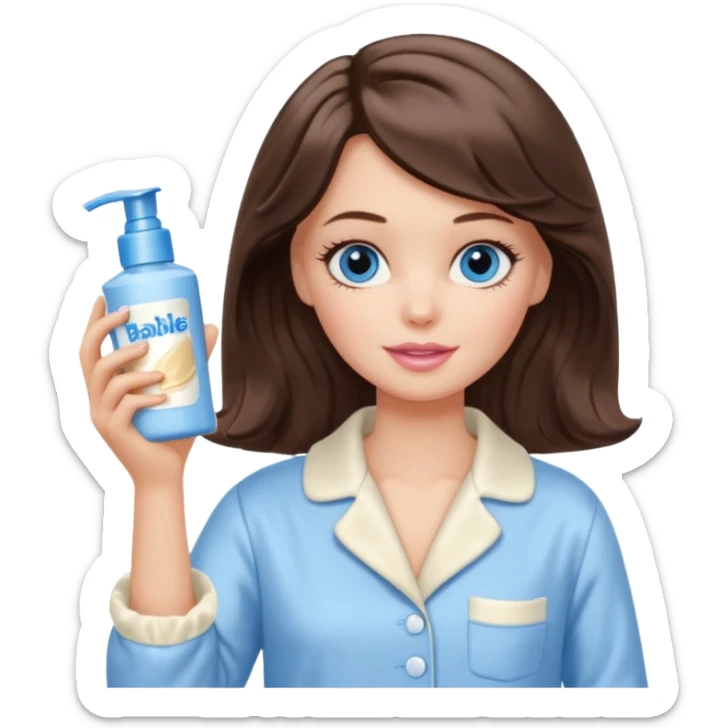 Barbie girl with makeup, blue eyes , and bob long haircut wavy, short brown hair in creamy color pajamas, face cream in hand sticker
