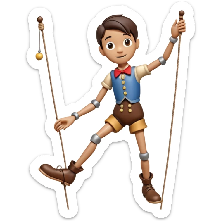 3D render of Pinocchio Boy as a wooden marionette puppet, Long nose, wood grain skin, strings, silver metal screw joints at elbows and knees, polished brown wood texture, rigid toy pose, Apple emoji style, isolated on white background --v 6.0. sticker