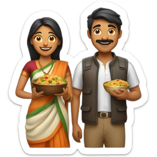 Indian man and woman with camera in one hand and food in other hand, happy smiling sticker