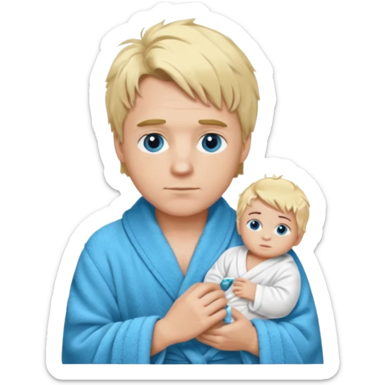 A white man with blue eyes, medium-length blond hair, a blue Cartier watch on his wrist, and a black and white bathrobe. His hair is messy, and he has a baby face. sticker