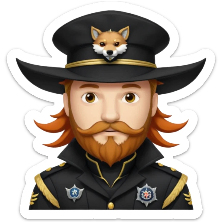 An auburn-hair'ed admiral with a flawless bear and mustache wearing a black admiral outfit and hat with Wolf Ears coming out of the hat, and 9 tails behind him, with the admiral black shirt featuring on the left breast pocket the insignia of Helldivers 2 sticker