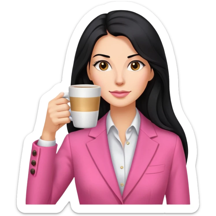 business dressing pink clothes woman  caucasian with a long black hair drinking coffee sticker