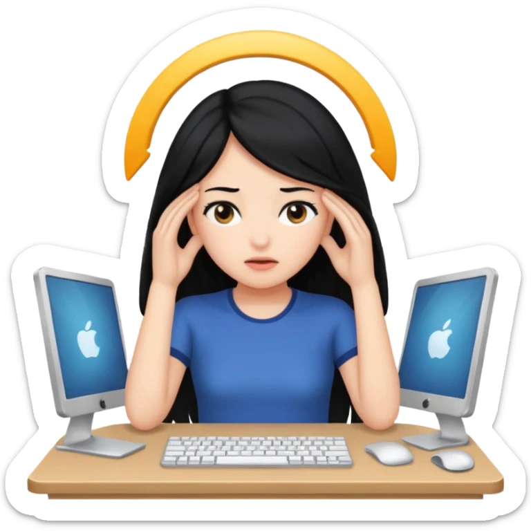 A girl is in front of a computer and is holding her head.The one with black hair sticker