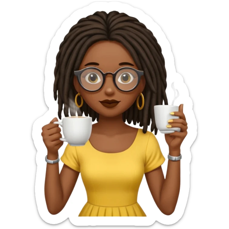 darker skin female with dark dreadlock hair wearing large round glasses sipping a cup of tea with her pinky out sticker
