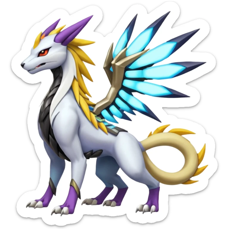 Colorful Futuristic Meloetta-Manectric-Solgaleo-Raikou-Wargreymon-Sergal-Pokémon-Digimon-Fakémon-fusion-hybrid-creature sticker