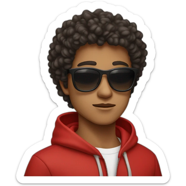 Square-jawed boy with curly hair and a degrade, wearing black sunglasses and a red hoodie. sticker