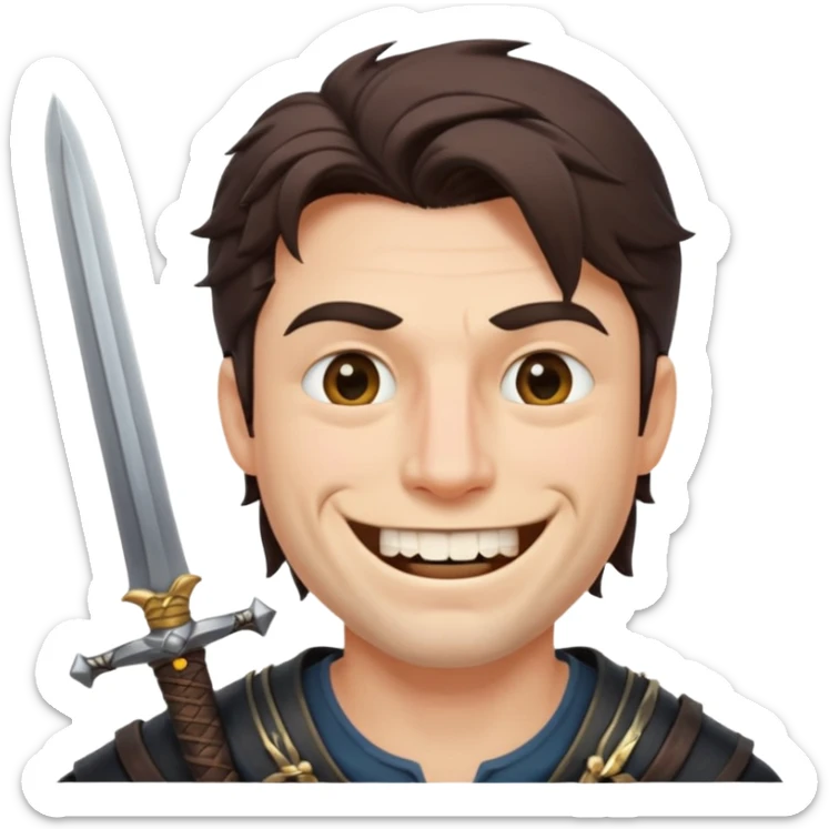 Haz que tenga una sonrisa epica una cicatriz en el ojo serrado y una espada entre los dientes y dos más a cada lado. sticker