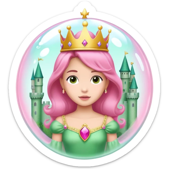 Princesa, con vestido rosa y una corona en una burbuja en un castillo verde sticker