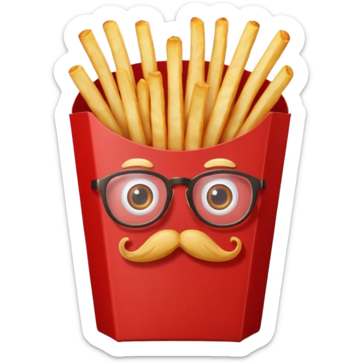 long slim crispy fries in a red carton, carton has eyes and mustache and glassess sticker