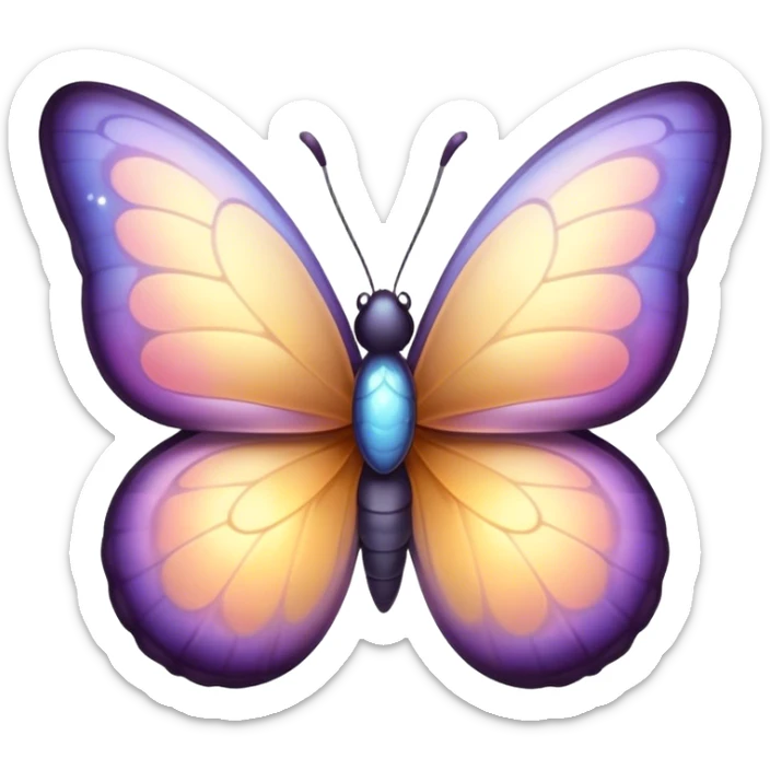 Cinematic Cute Butterfly Portrait Emoji, Head tilted playfully and inquisitively, featuring a charming, petite form with intricately detailed, softly tinted wings and round, sparkling eyes full of gentle wonder, Simplified yet irresistibly adorable features, highly detailed, glowing with a warm, inviting pastel glow, high shine, affectionate and lively, stylized with a touch of whimsical garden charm, soft glowing outline, capturing the essence of a mischievous butterfly that seems as if it could dance out of the screen into your arms! sticker