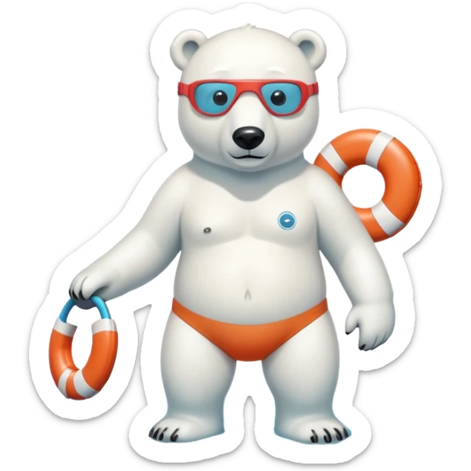 full body friendly anthropomorphised polar bear wearing swim shorts and swim goggles, standing in water, holding a life buoy sticker