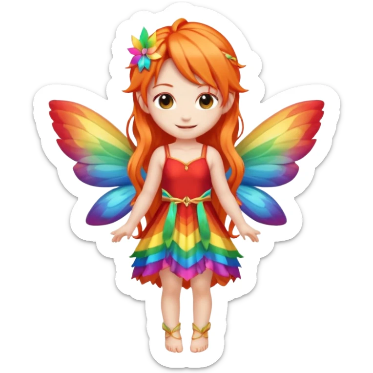 fairy with long orange hair, rainbow wings, red dress, happy, chibi full body sticker