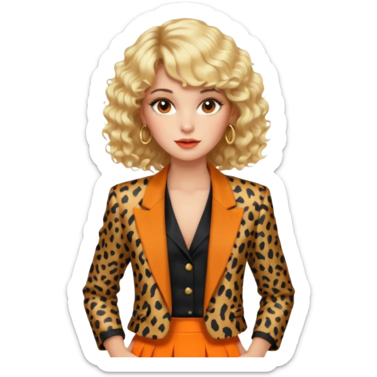 Blonde woman with an 80s-style hairstyle, with curls and bangs, animal print blazer, black top and orange skirt, all very 80s style, brown eyes, 80s makeup sticker