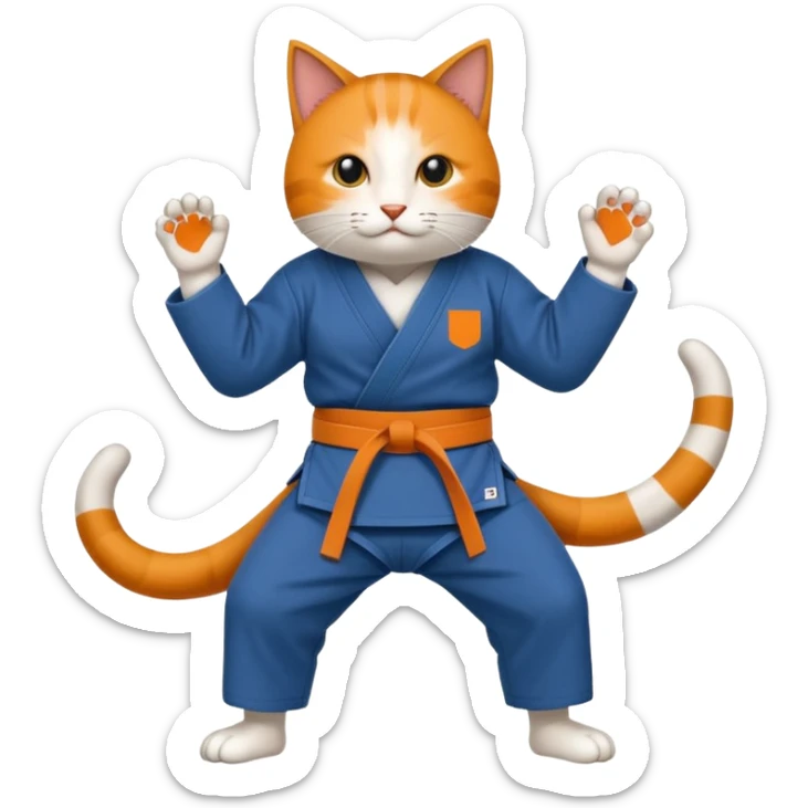 Katze im Judoanzug mit schwarzem Gürtel beim Kämpfen mit ausgestrecktem Bein sticker