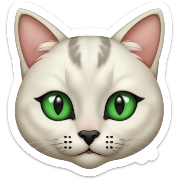 Haz una gata de ojos verdes la cara blanca con mancha negra en las orejas que agarra parte de la frente del lado der pero del iz va desde el ojo hasta la oreja la mancha, tiene la nariz negra en forma de corazón y todo lo que sobra de la cara, barbilla la nariz arriba y el lado de bigotes es blanca sticker