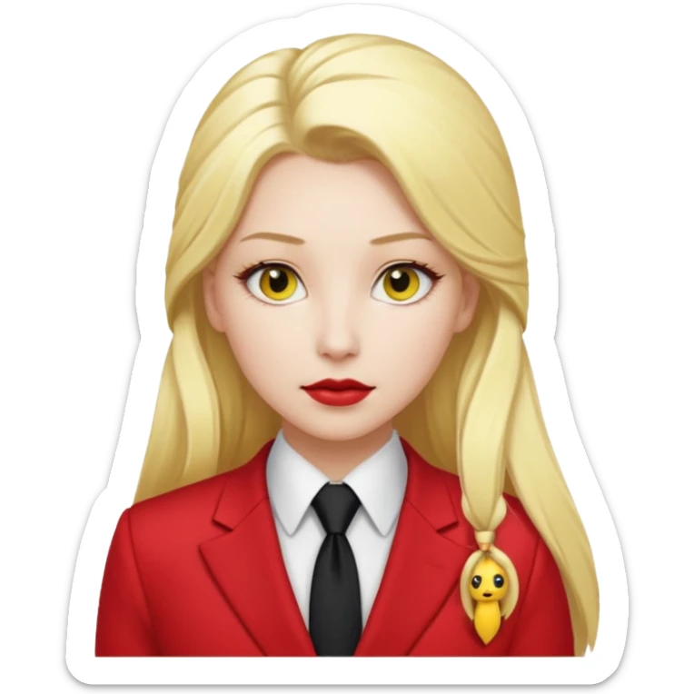 Woman with porcelain white skin, thick blonde hair that's in a thick, long ponytail, has a black nose, yellow scleras, red pupils, and a red suit with a black tie. sticker